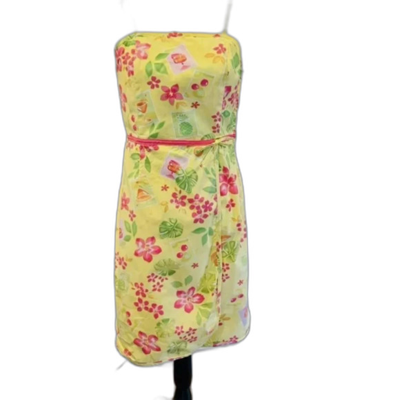 Tahiti Reef Club Floral Knee length Faux Wrap Dress Sundress Yellow Pink Sz L - Picture 1 of 7